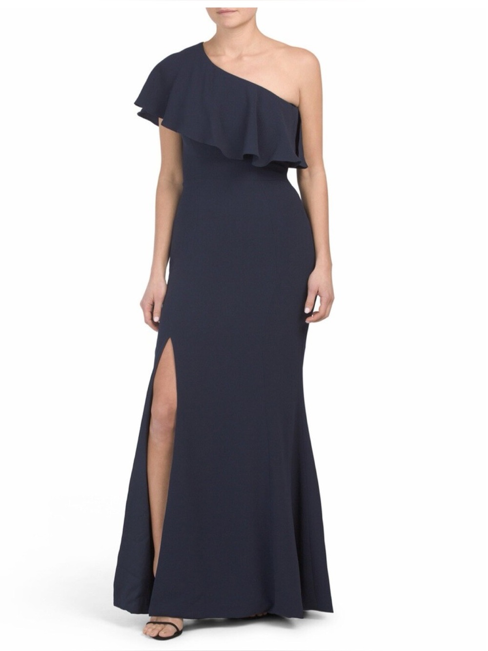 Dress The Population Frida One-Shoulder Gown Dress in Navy Blue